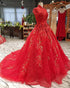 2018 Red Lace Ball Gown Wedding Dresses with High Neck Gorgeous Wedding Gowns with Beadings
